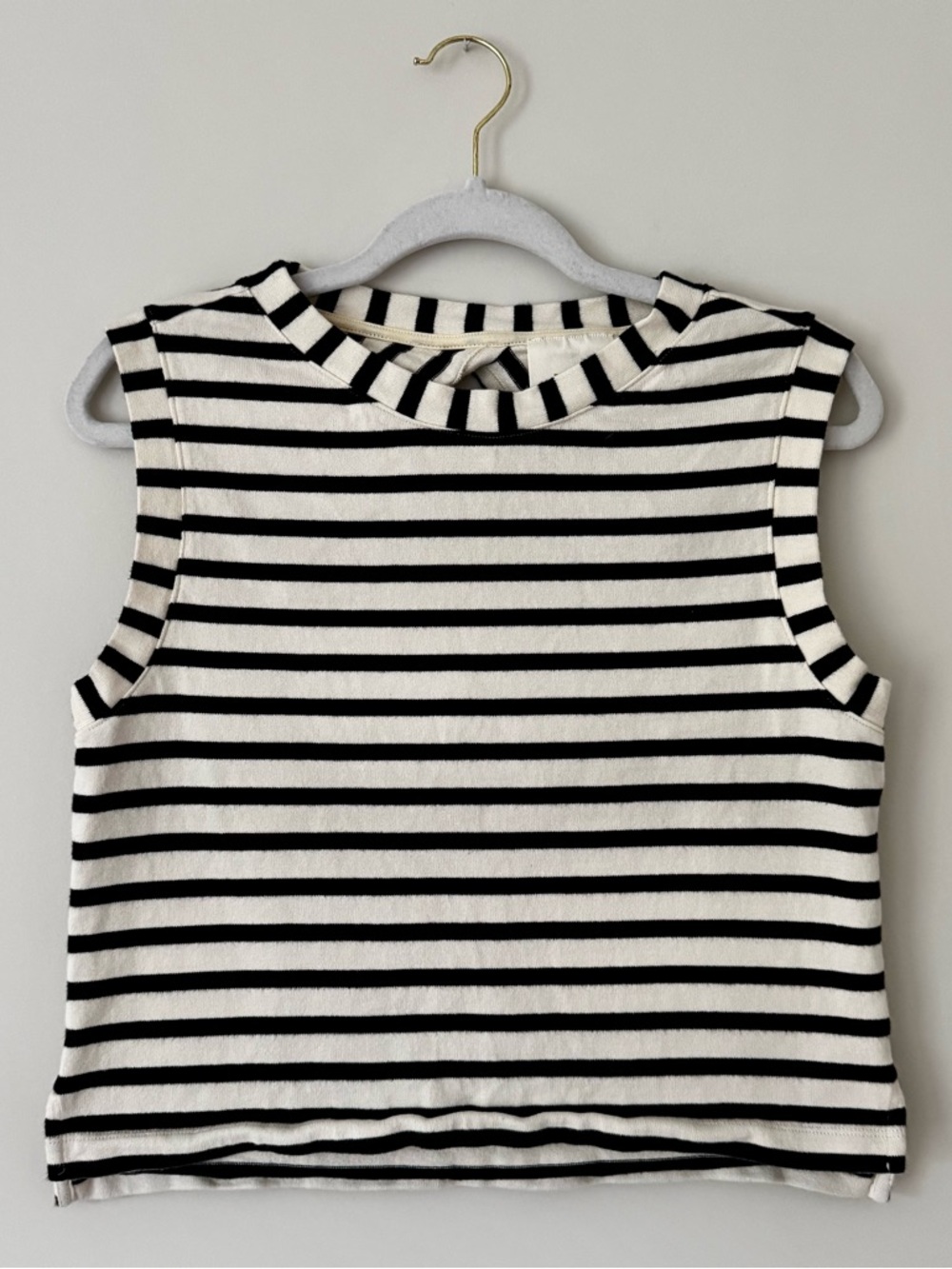 Anthro Maeve Structured Stripe Cotton Open Back Top, Black & Beige – Medium